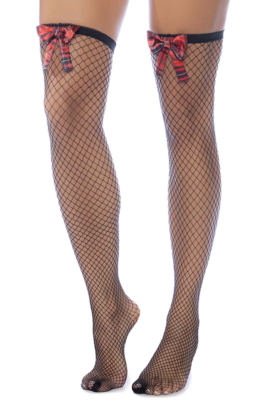 Mapale 1128 Diamond Fishnet Thigh Highs with Plaid Bows