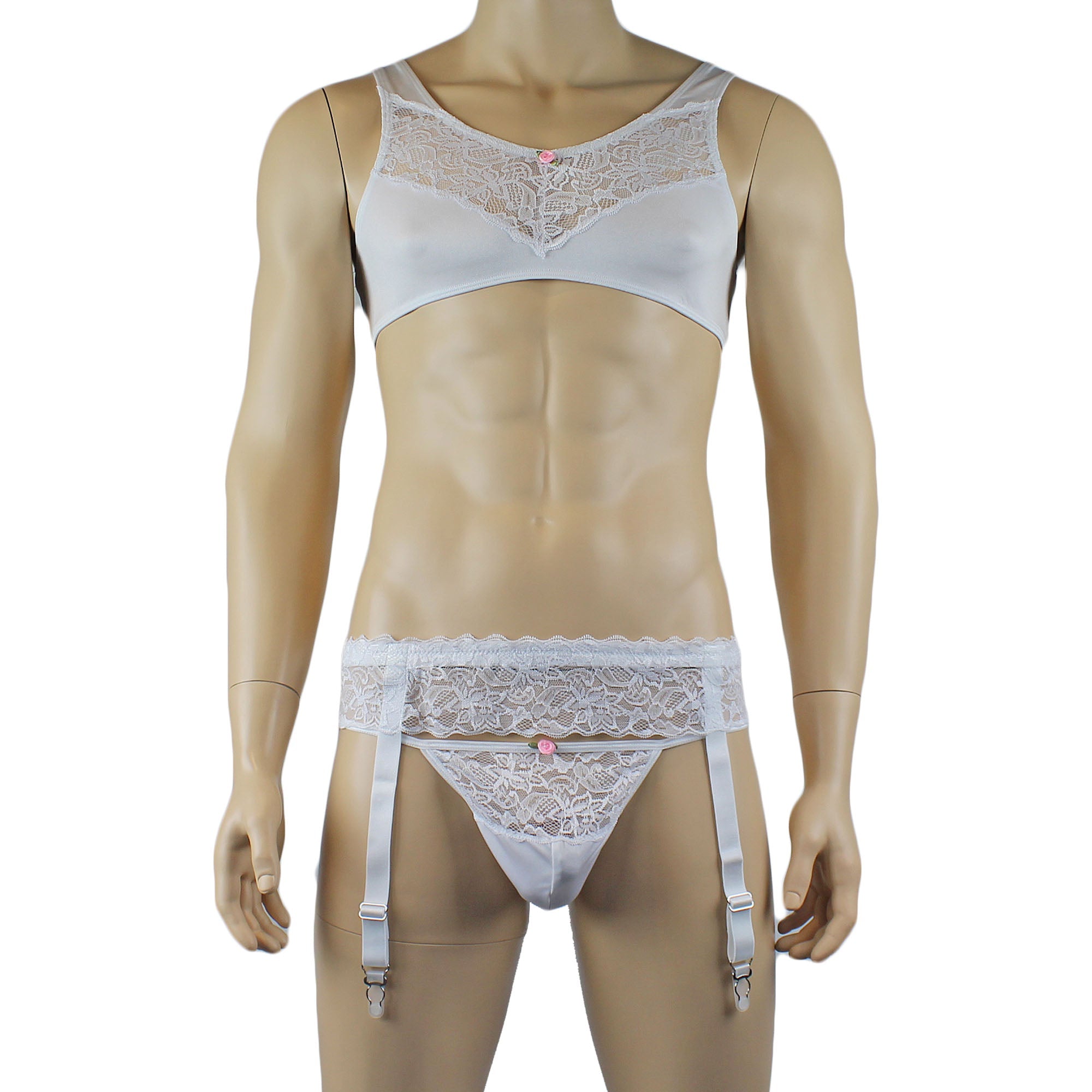 Male Penny Lingerie Bra Top with V Lace front, G string & Garterbelt White