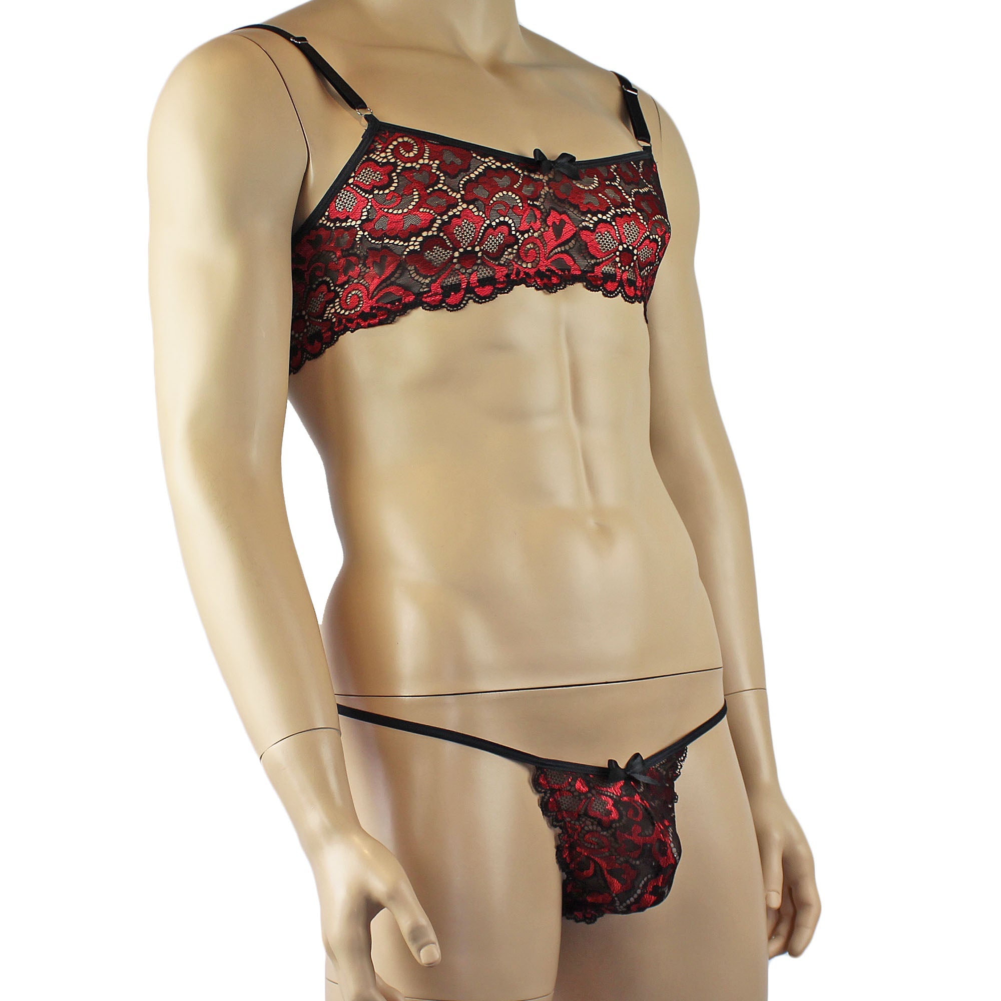 Mens Sweetheart Scalloped Shiny Lace Bra Top and Panty Red