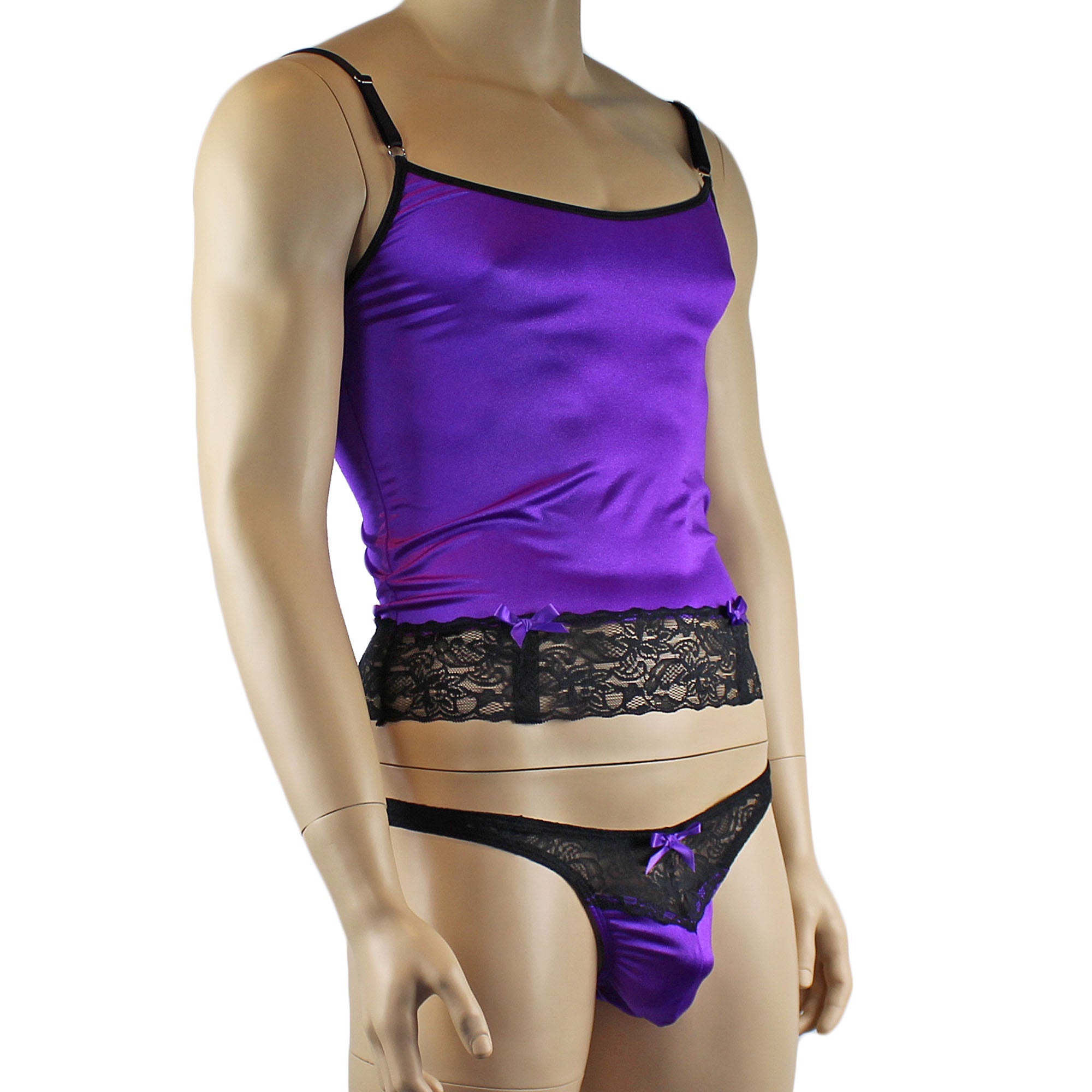 Mens Joanne Camisole Bustier Garter Top with Thong & Stockings - Sizes up to 3XL Purple and Black Lace