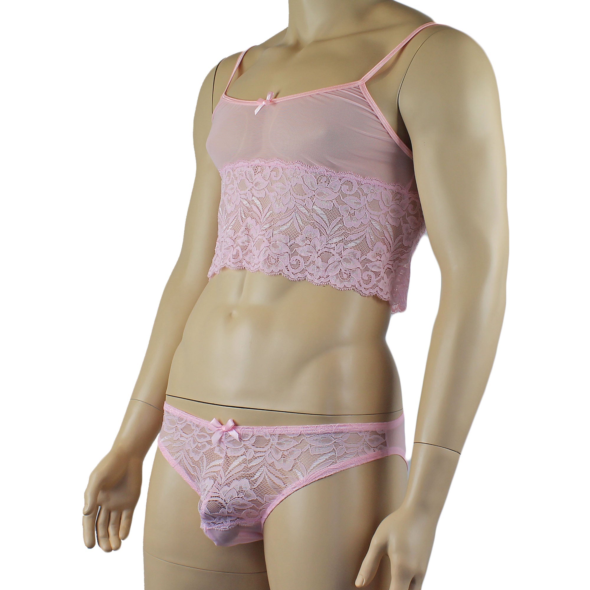 Mens Kristy Sexy Lace Camisole Bra Top and Bikini Brief Light Pink