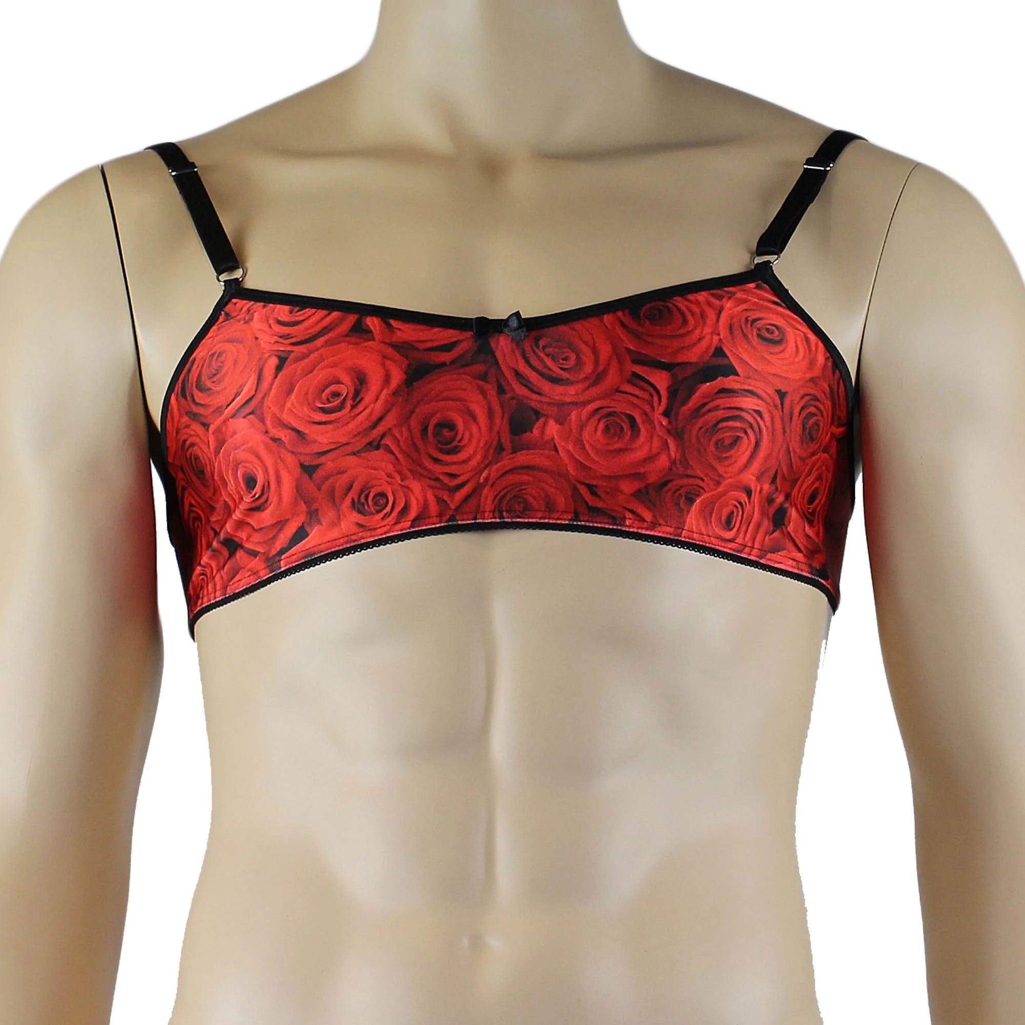 SALE - Mens Roses Spandex Bra Top with Frilled Pico Elastic Trim Male Lingerie Red