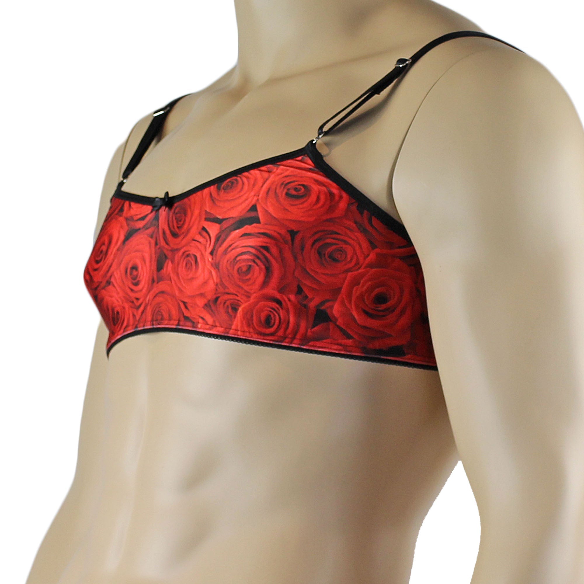 Mens Roses Spandex Bra Top with Frilled Pico Elastic Trim Male Lingerie Red