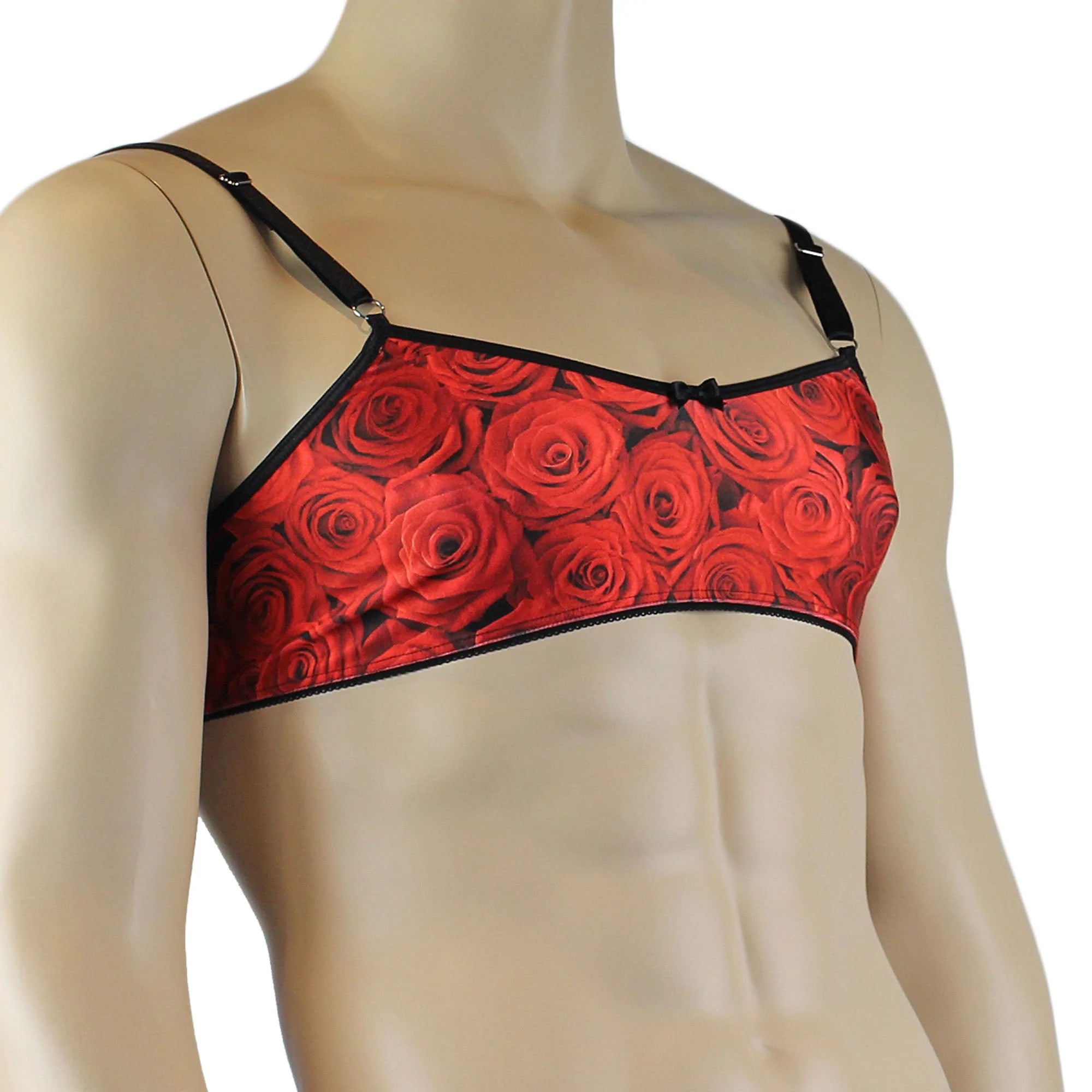 SALE - Mens Roses Spandex Bra Top with Frilled Pico Elastic Trim Male Lingerie Red